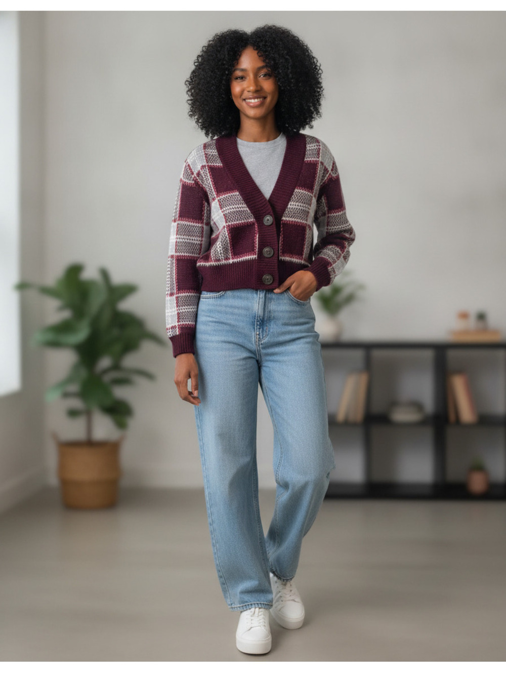 Mother Women's Baby Alpaca and Merino Wool Blend Plaid Cardigan Sweater XS